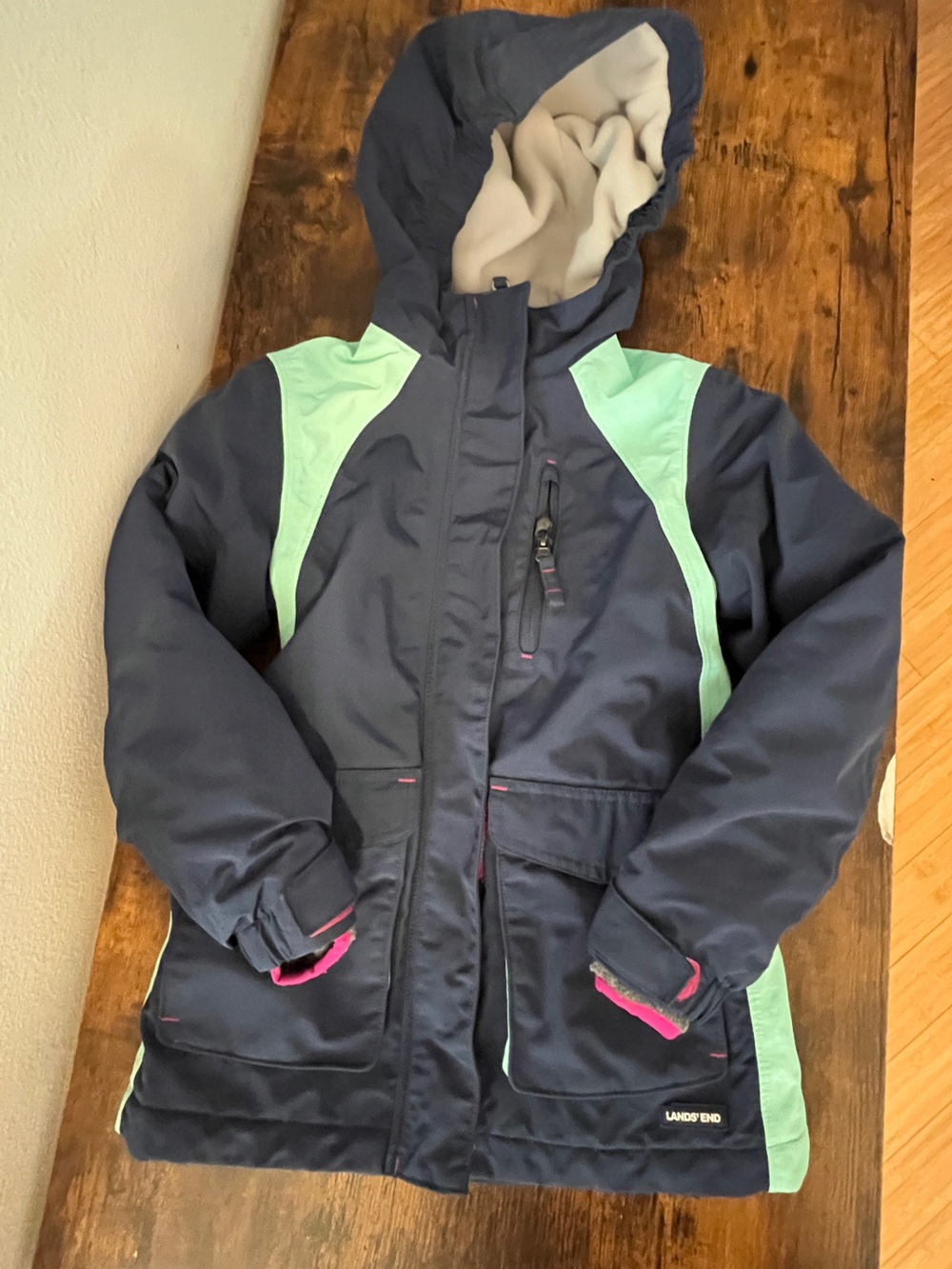 Kids Lands' End Fleece Lined Navy Jacket with Mint Green Accents Size